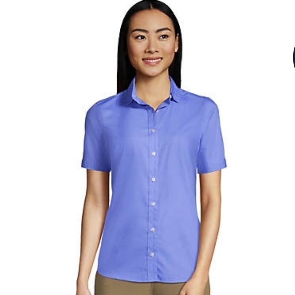 Lands' End Solid Blue Large Collar Short Sleeve Shirt